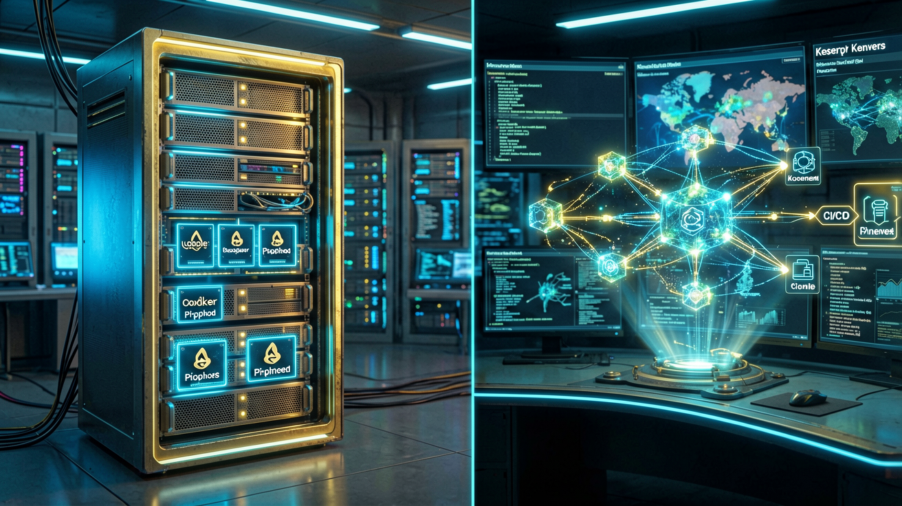 Platform engineer in a neon-lit command center reviewing architecture diagrams with matrix code streams