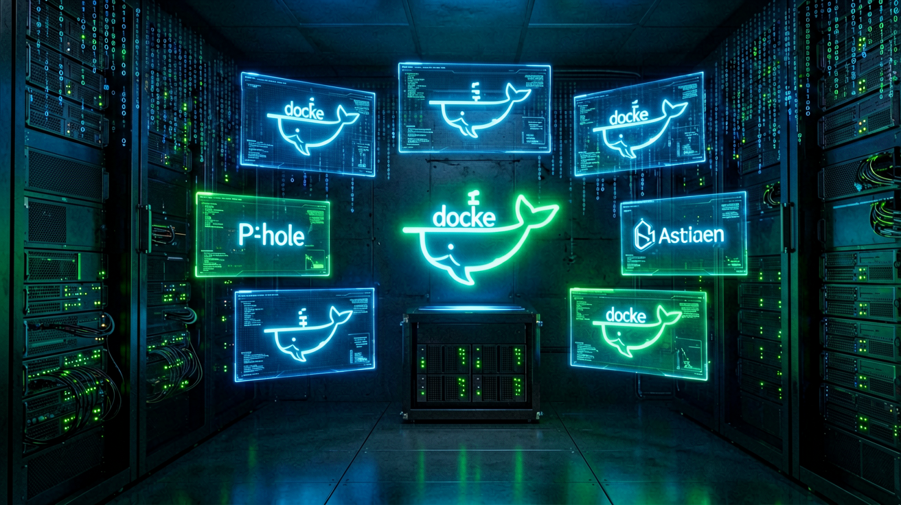 Cyberpunk home server room with Docker, Traefik, Plex, Home Assistant and Grafana holographic dashboards