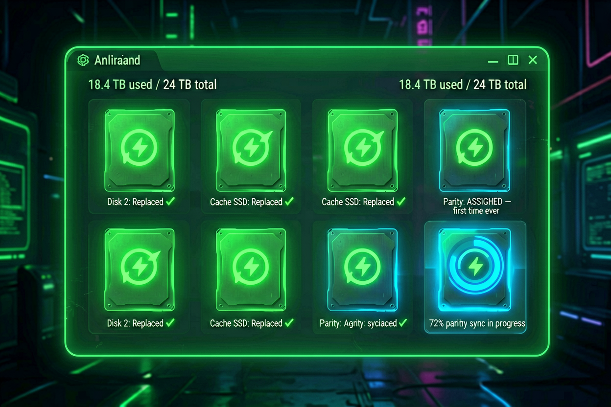 Unraid dashboard showing all drives healthy and parity sync in progress for the first time