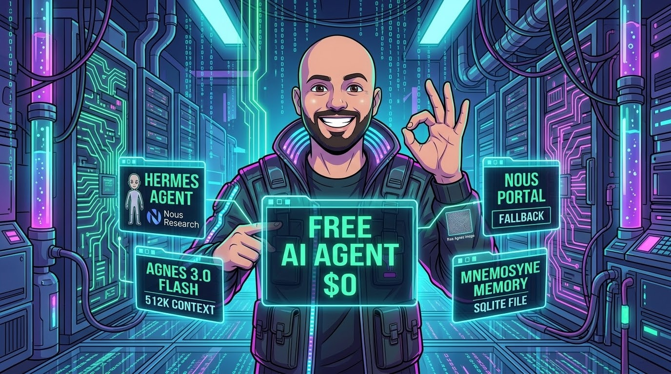 A glowing AI agent core in cyberspace with a primary model node, a fast fallback node, and a safety-net node, a zero price tag floating above, green matrix code rain