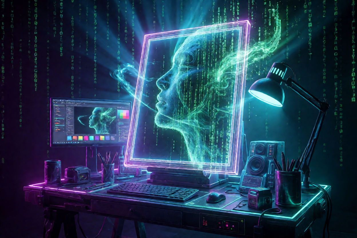An abstract AI-generated image materialising out of green matrix code particles onto a glowing canvas in a neon cyberpunk studio