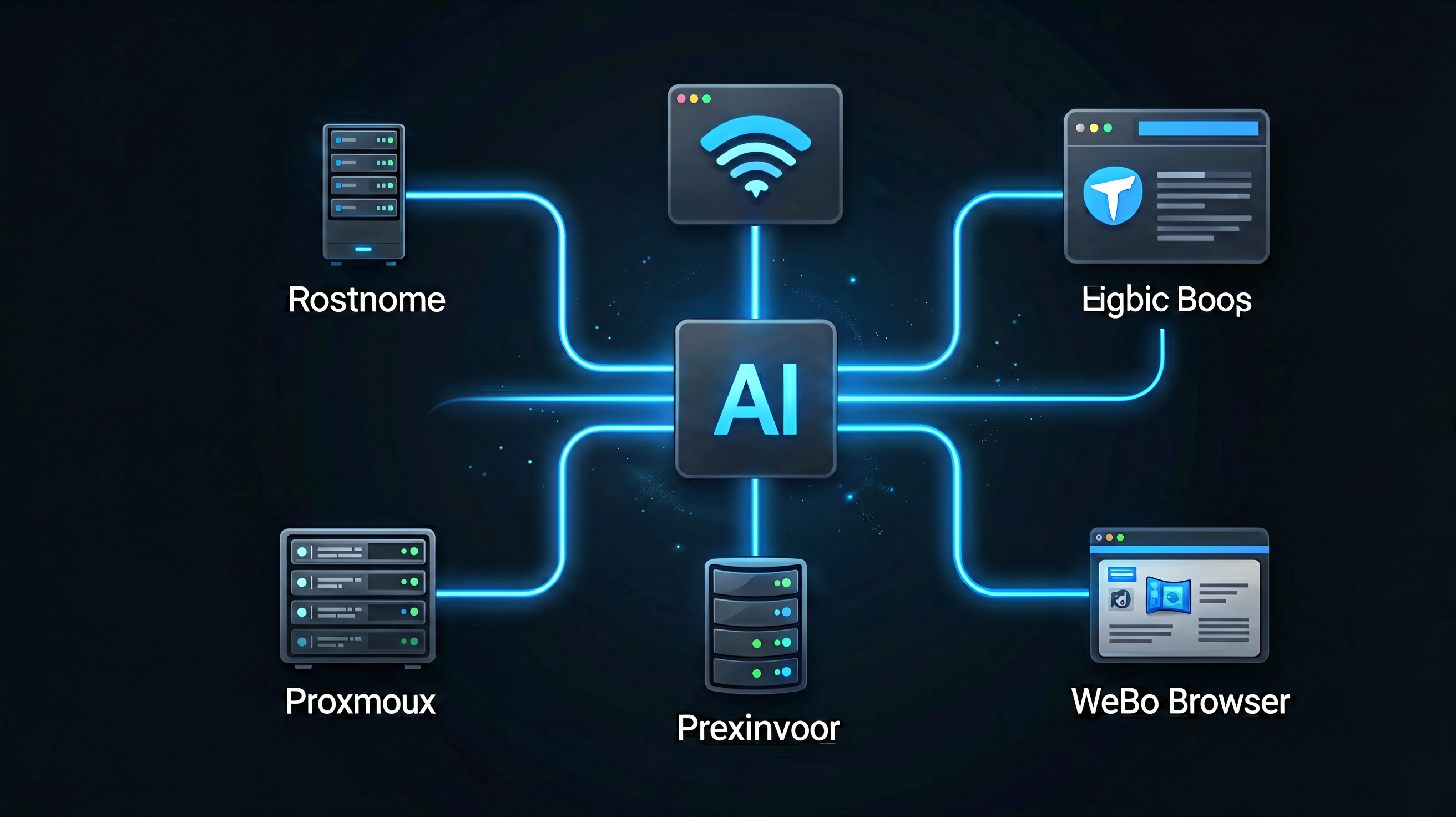 Futuristic architecture diagram showing AI agent at the center of a homelab network