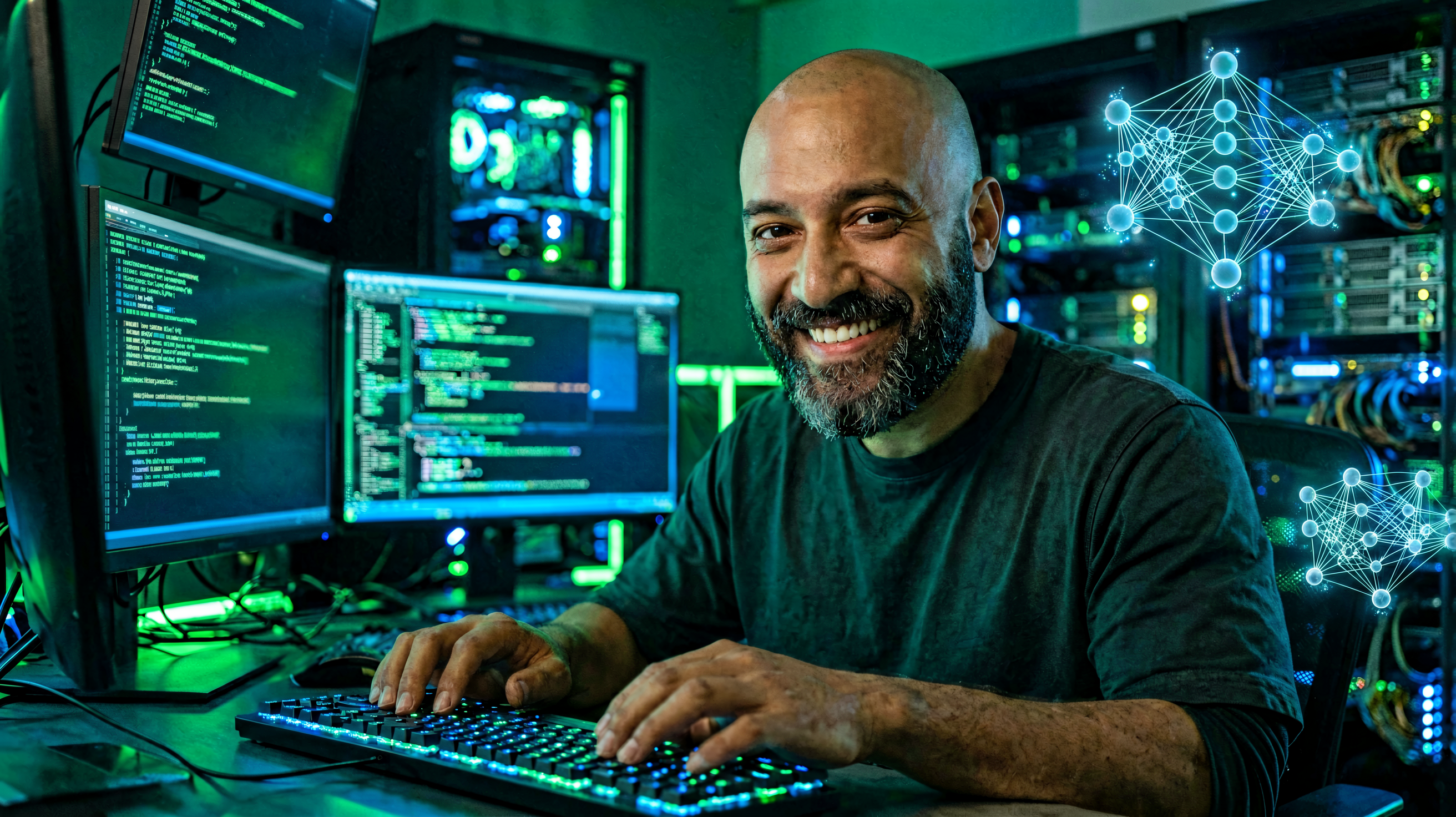 AI agent working at a terminal in a moody homelab environment