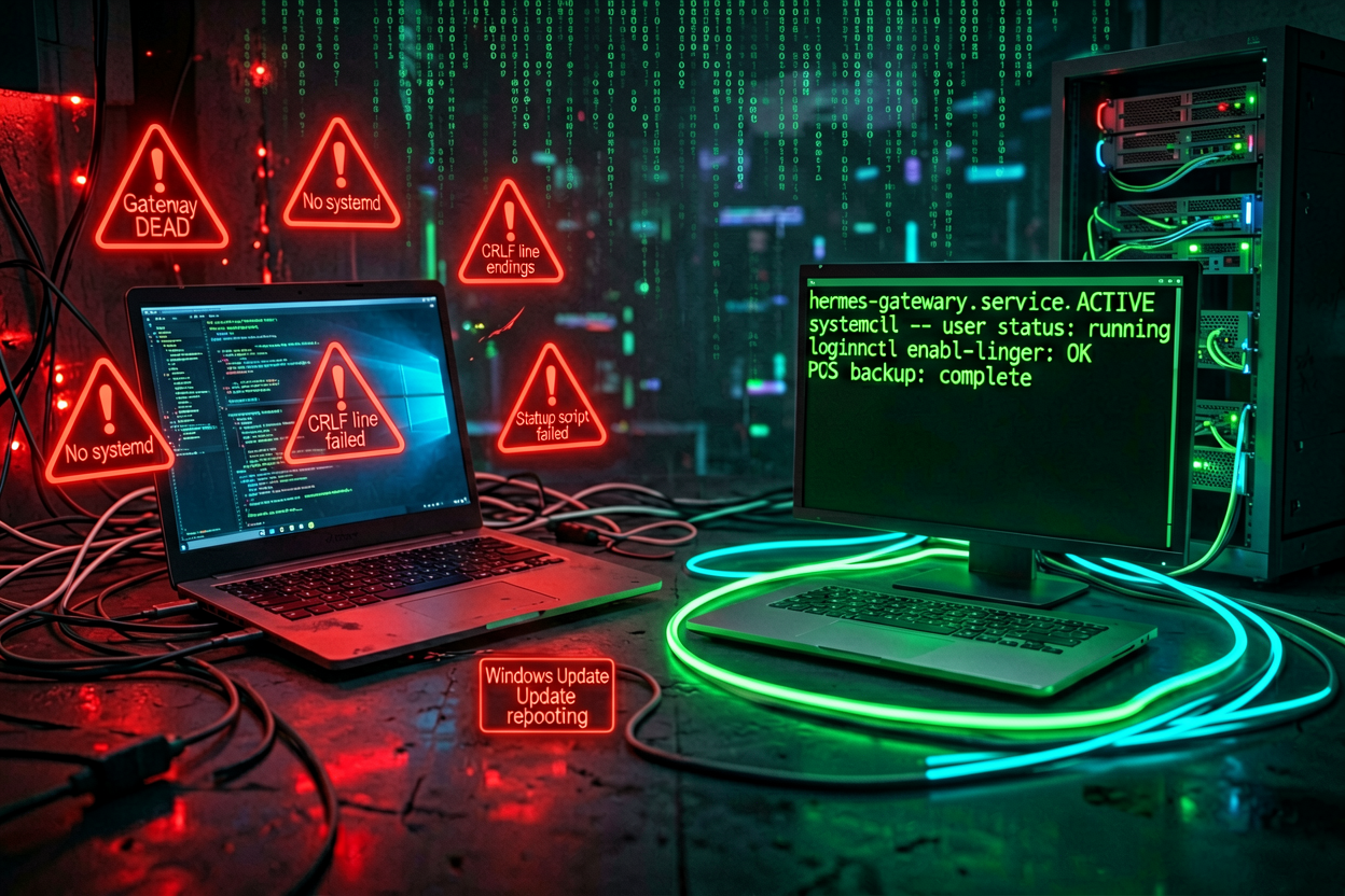 Split cyberpunk illustration: chaotic Windows laptop with Gateway DEAD warnings vs clean Proxmox VM terminal showing services running
