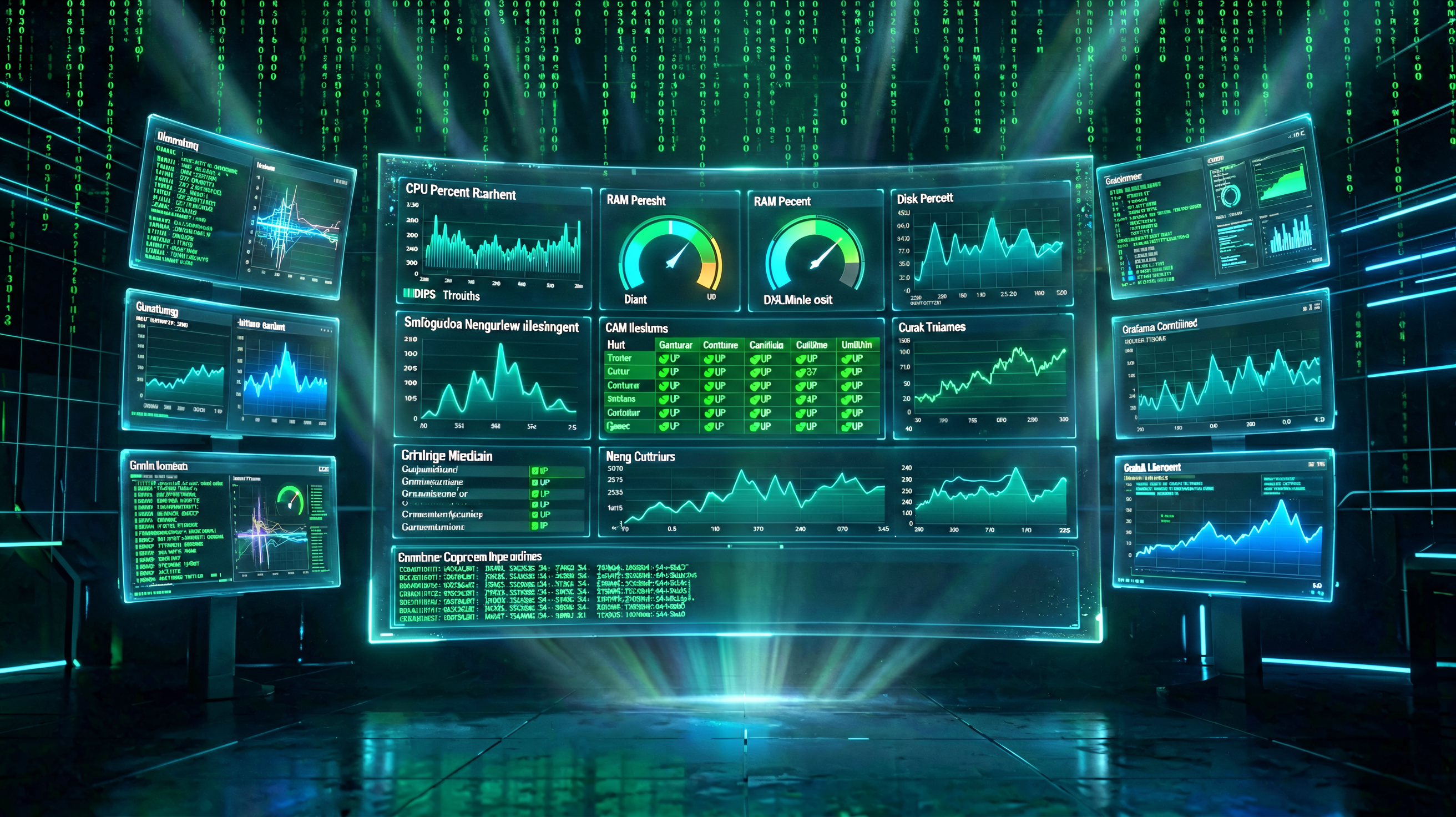 Holographic Grafana homelab overview dashboard with stat panels, HA guest table, storage gauges and network charts in a cyberpunk command center