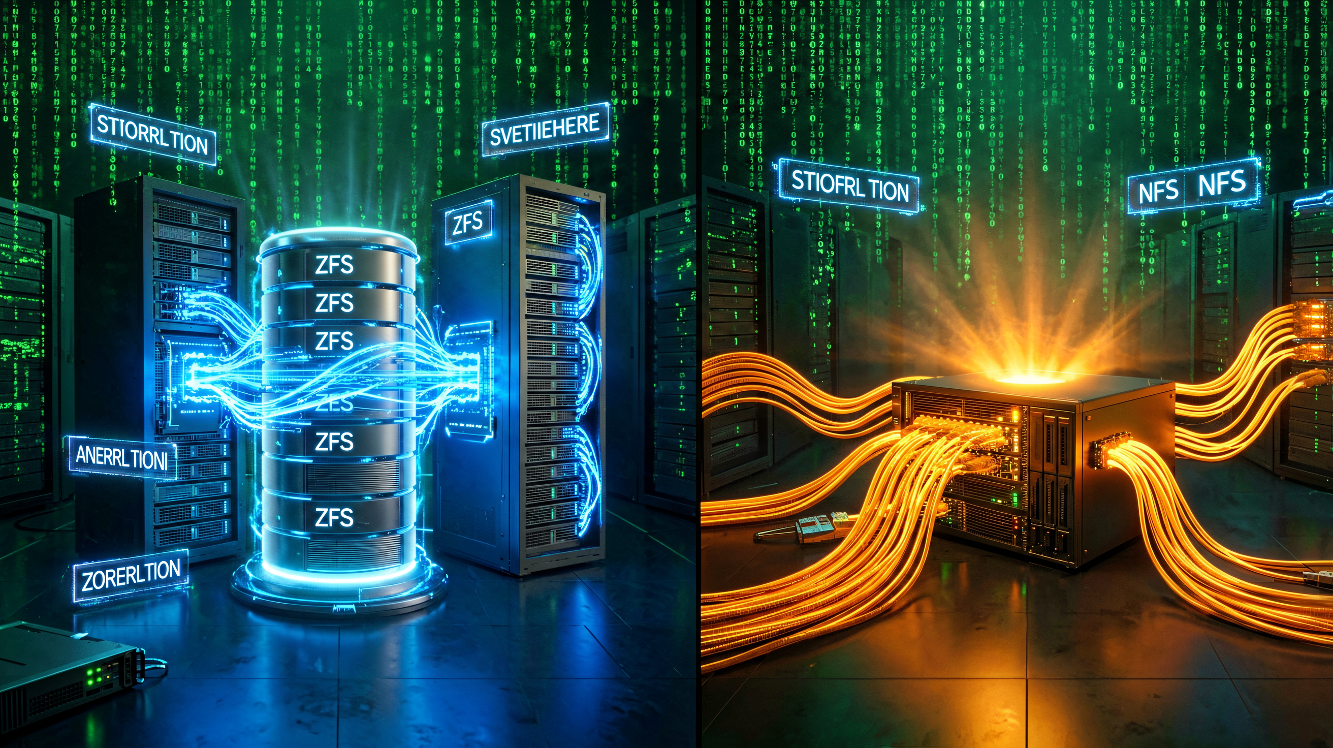 Split-screen showing ZFS pool with blue replication streams on the left versus NFS network share with orange cables on the right